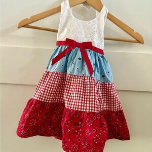 Bluberi Boulevard Girls Farmhouse Cute Dress Patchwork Red, White, and Blue 2T